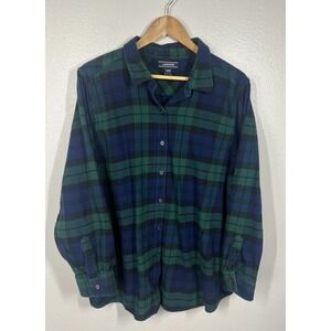 Lands' End Plaid Flannel Tunic‎ Top Long Sleeve Womens 22W Green Blue